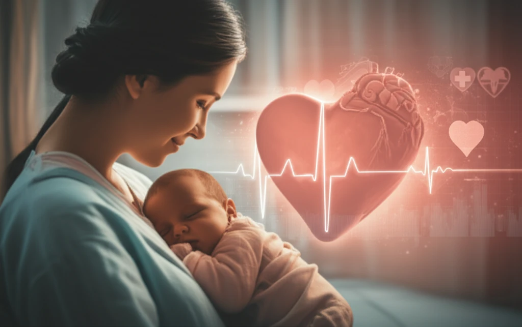 Illustration of a woman and her baby with a heart, symbolizing success after heart transplant.