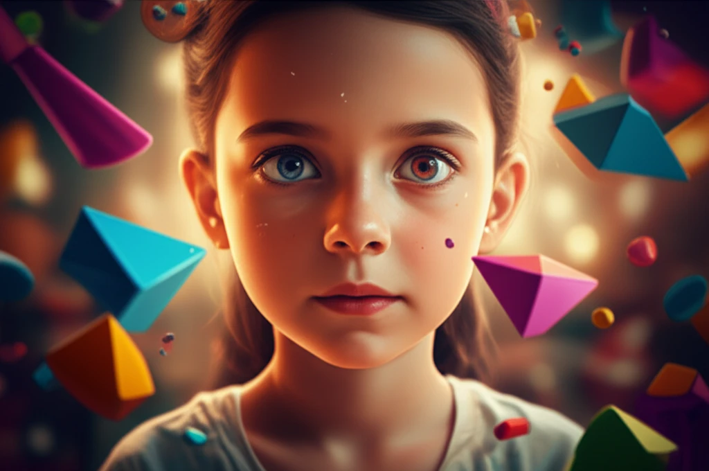 Illustration of a child with crossed eyes looking at colorful objects