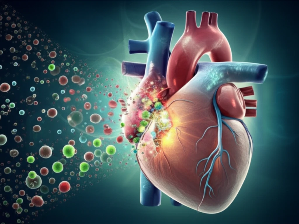 Illustration of microscopic particles repairing a damaged heart, symbolizing innovation in heart attack treatment.