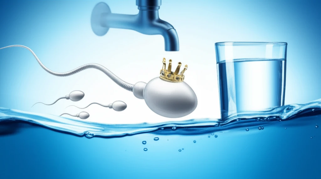 Illustration of a sperm cell swimming in water, with a water tap in the background, symbolizing the relationship between fluoride and sperm health.