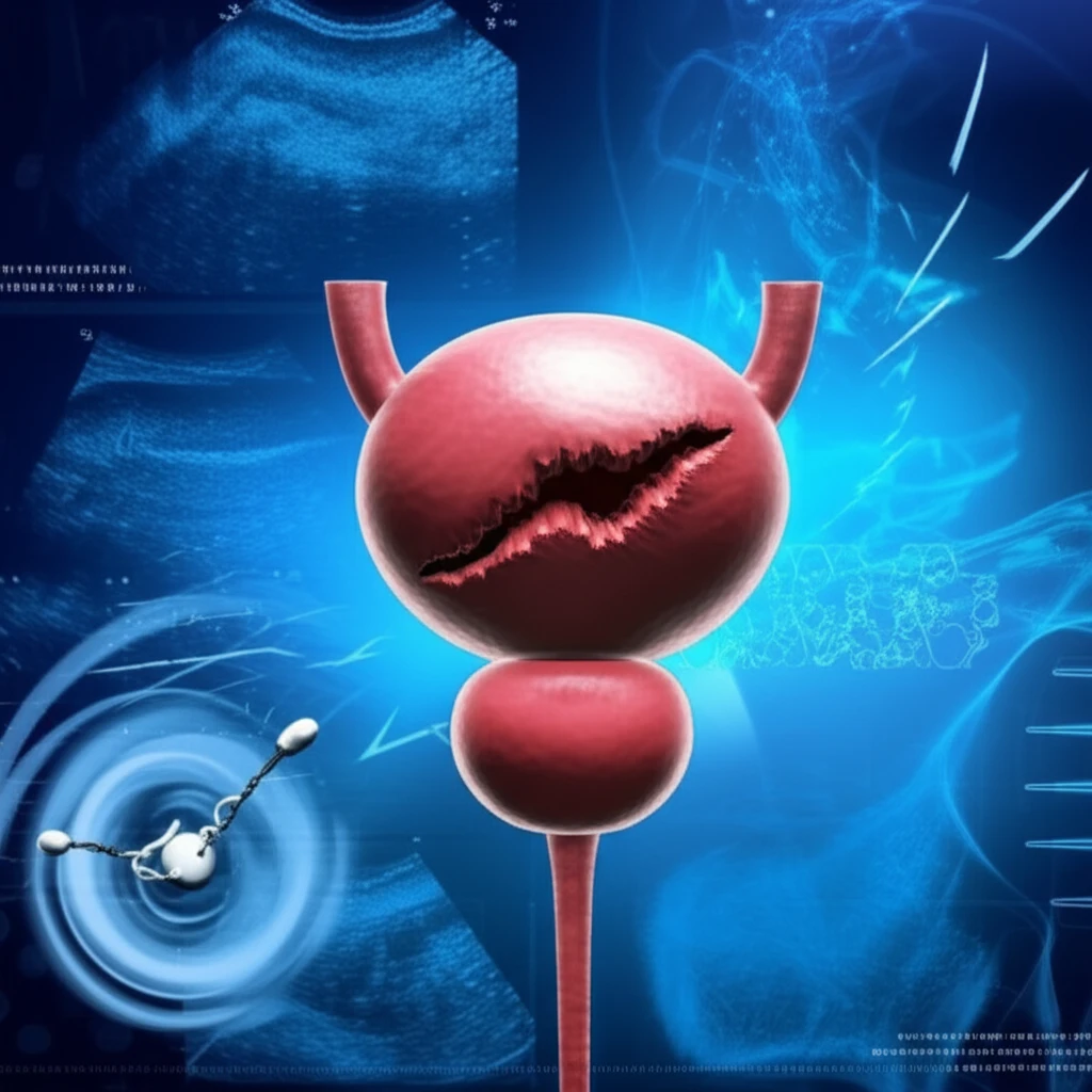Illustration depicting spontaneous urinary bladder rupture, with medical symbols and diagnostic tools.
