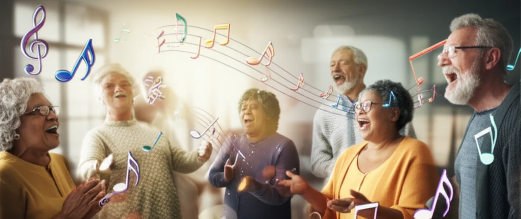 A digital illustration of senior adults in a music therapy session, singing and smiling.