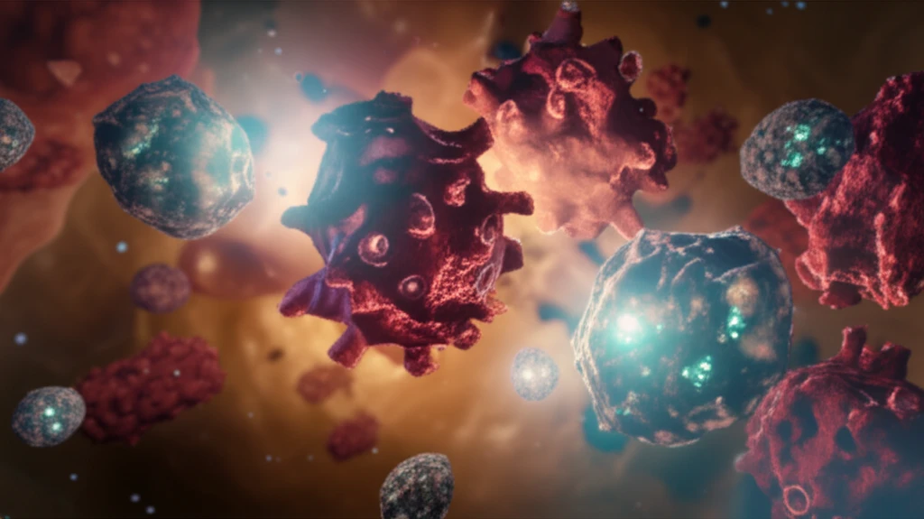 Digital illustration of cancer cells and treatments, representing hope in medicine.