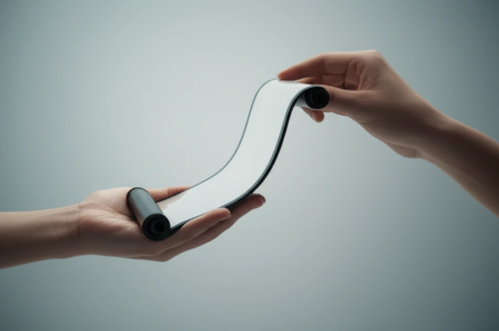 Illustration of a hand unrolling a futuristic rollable display device.