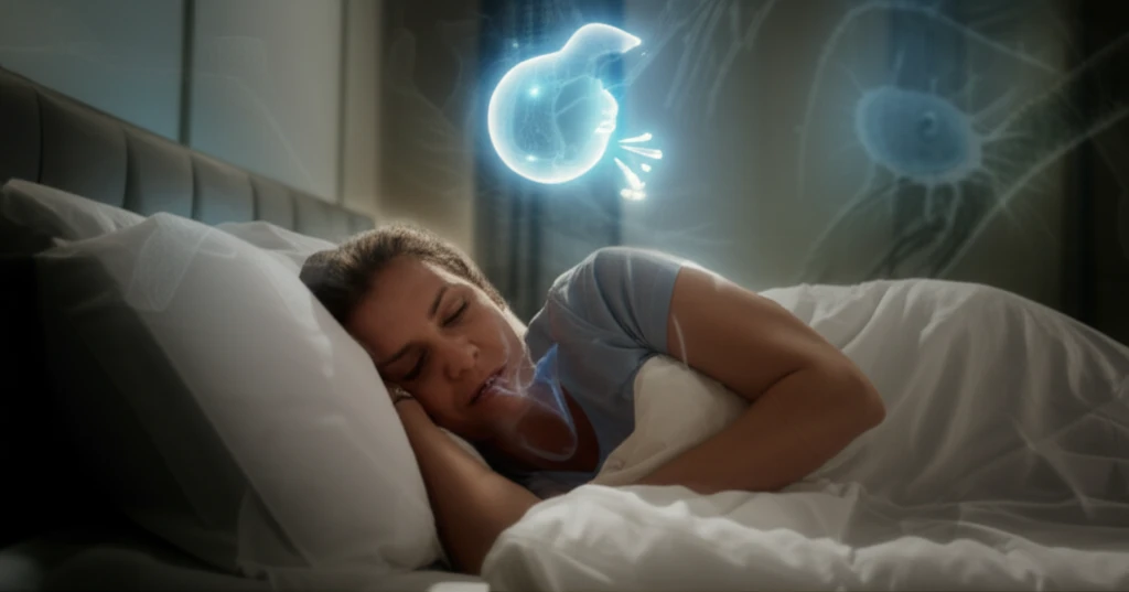 Illustration of a person sleeping with a cough symbol, representing nocturnal cough, and subtle medical symbols.