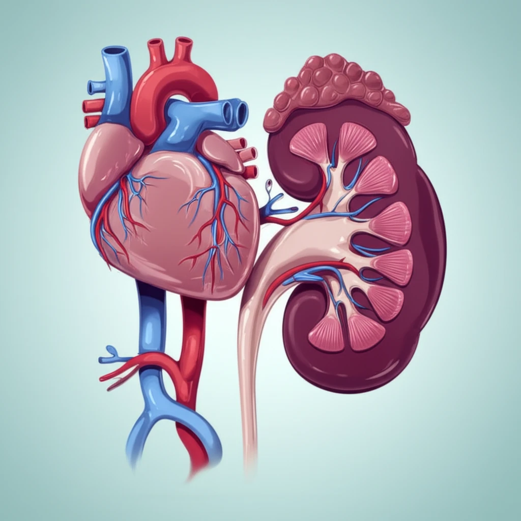 Illustration of a heart connected to a kidney, emphasizing the connection between heart health and kidney function.