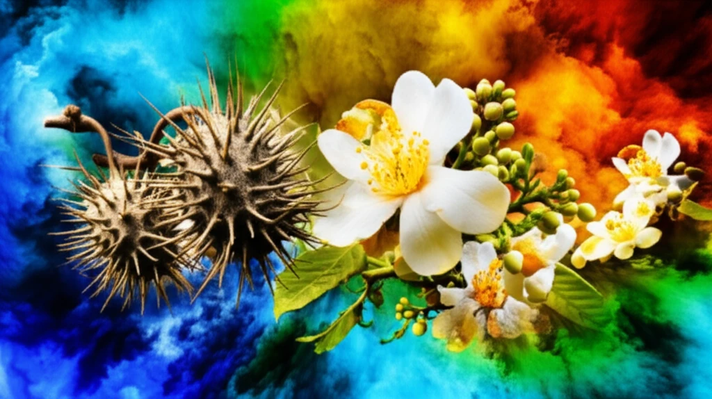 Illustration of Tribulus Terrestris fruit and Mesua Ferrea flowers, with a vibrant, colorful background