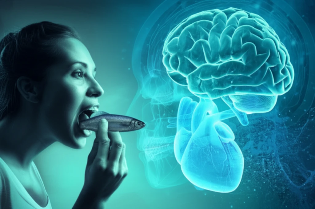 Illustration depicting the health benefits of fish consumption, focusing on brain and heart health.