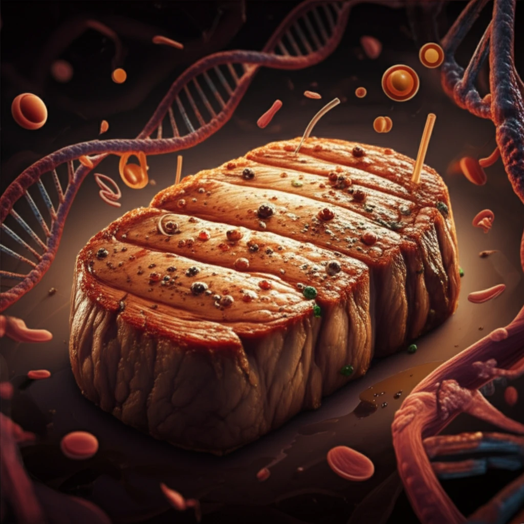 Digital illustration of a perfectly cooked steak, with DNA strands in the background, representing the genetic influence on meat quality.