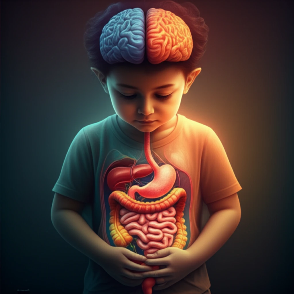A child gently holding their abdomen, surrounded by symbolic representations of the brain and digestive system, illustrating the connection between mental and physical health in the context of abdominal pain.