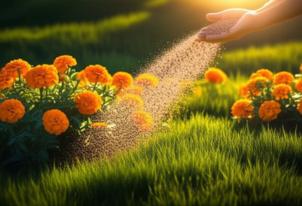 A digital illustration of a marigold garden thriving with organic farming practices.