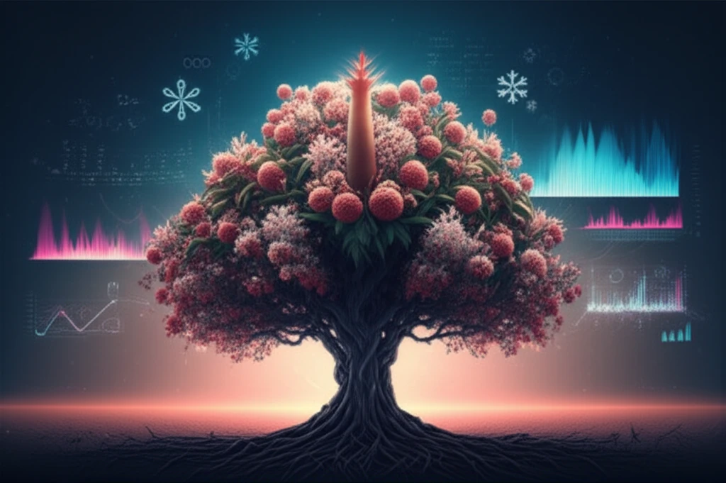 A digital illustration depicting a litchi tree in bloom, with the apical meristem highlighted, data visualizations in the background, and symbols for ROS and chilling.