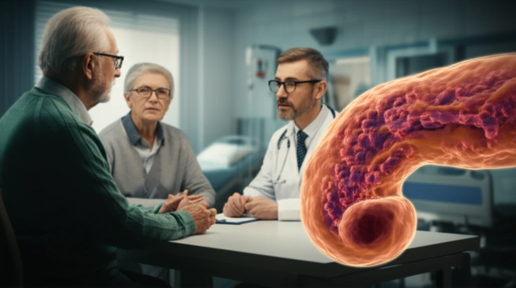 Illustration of an older patient and doctor discussing pancreatic cancer treatment options.