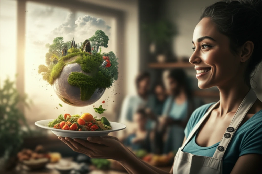 Illustration of a woman in a kitchen, with food transforming into a green planet, symbolizing reducing food waste.
