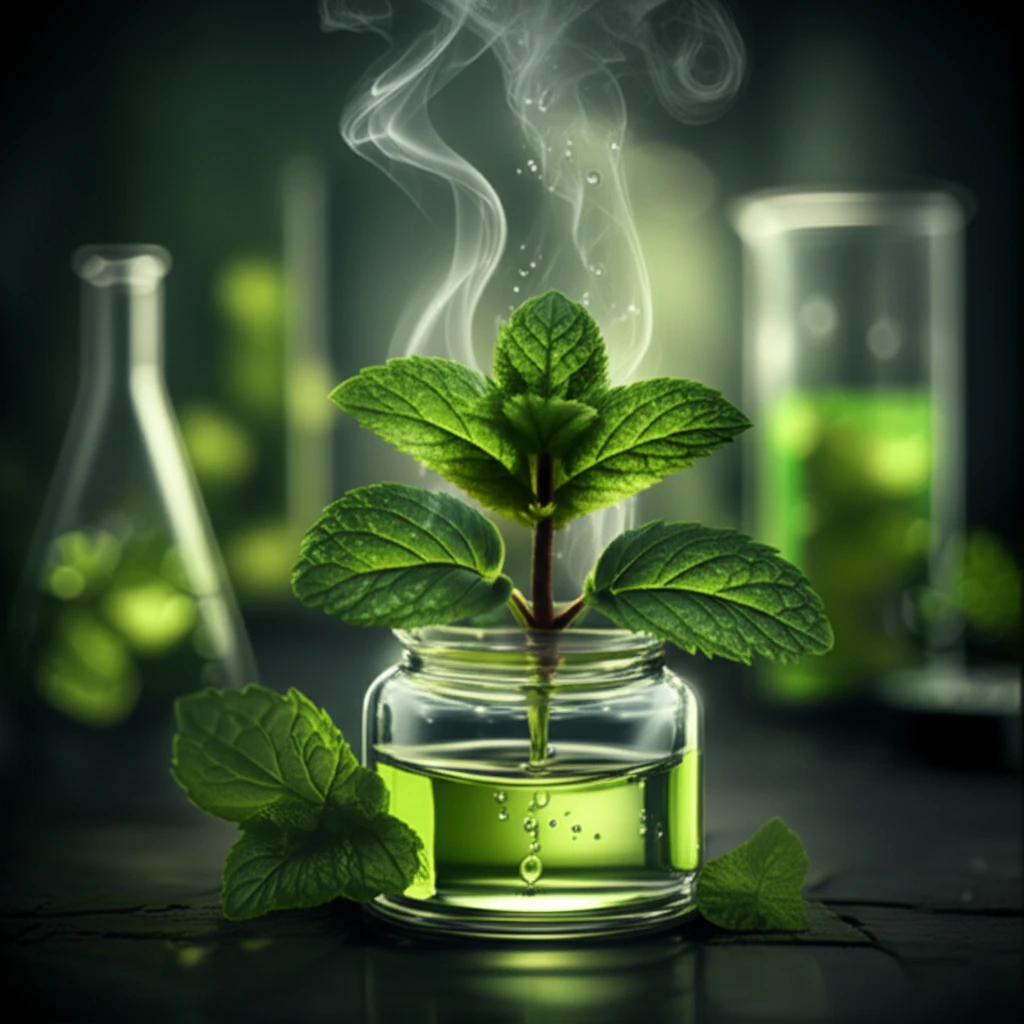 Illustration of a peppermint plant, the distillation process, and essential oil analysis, emphasizing scientific rigor and natural elements.