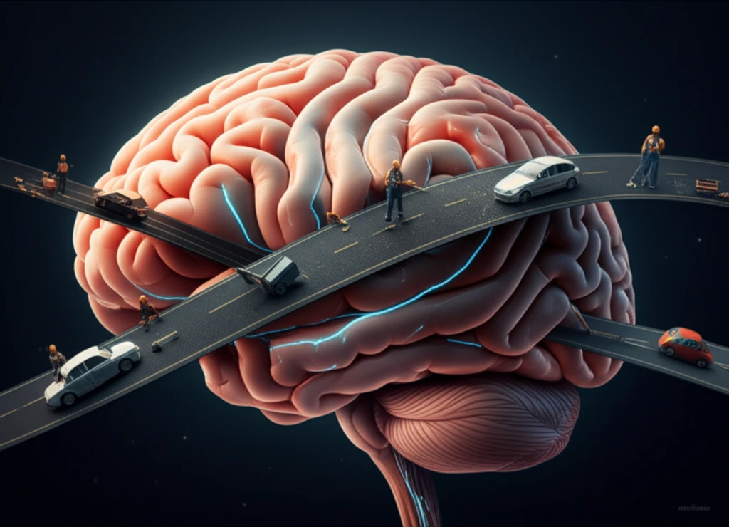Illustration of a brain with neural pathways being repaired during sleep to facilitate recovery.