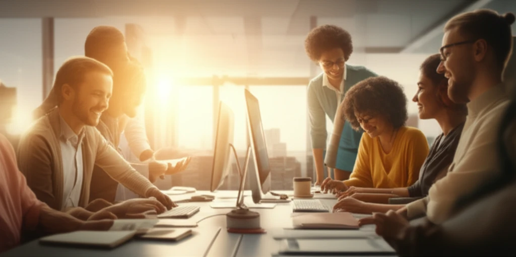 Illustration of a diverse group of employees working in a supportive and ethical work environment, symbolizing the positive impact of ethical leadership.