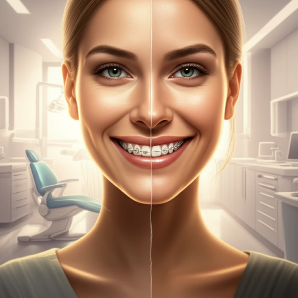 Before-and-after split screen showing the transformation from dentofacial deformity to a perfect smile, highlighting the success of lingual orthodontics and orthognathic surgery.