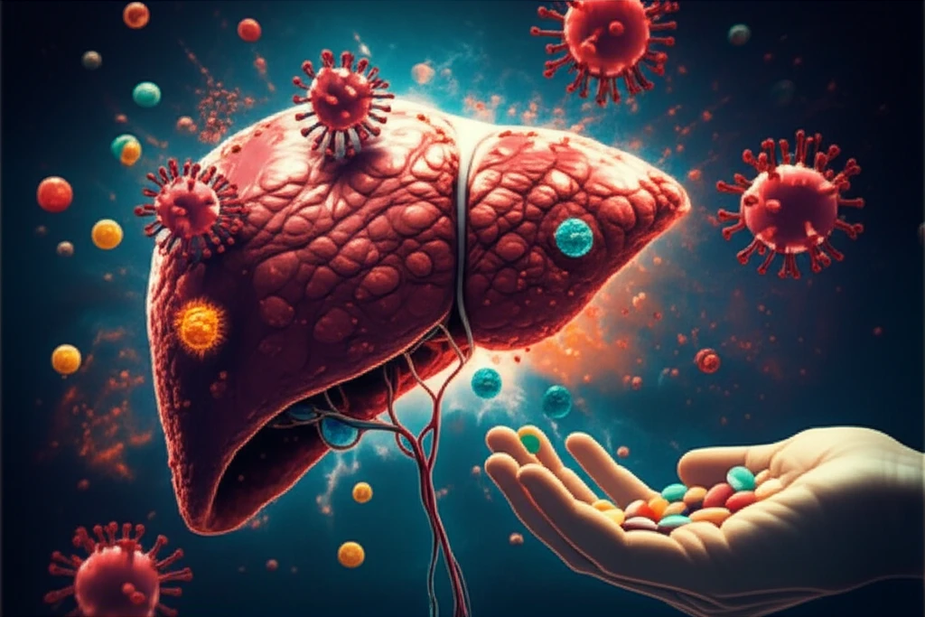 Illustration depicting liver and virus interaction with pills.