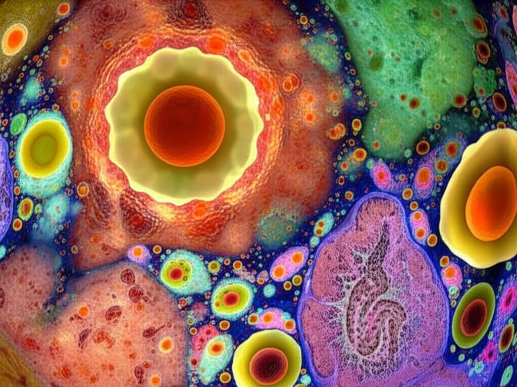 A detailed illustration of cells under a microscope, representing the work of surgical pathology in diagnosing diseases.