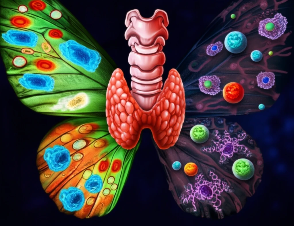 Digital illustration of a thyroid gland depicting the effects of estrogen and progesterone on thyroid cancer cells.