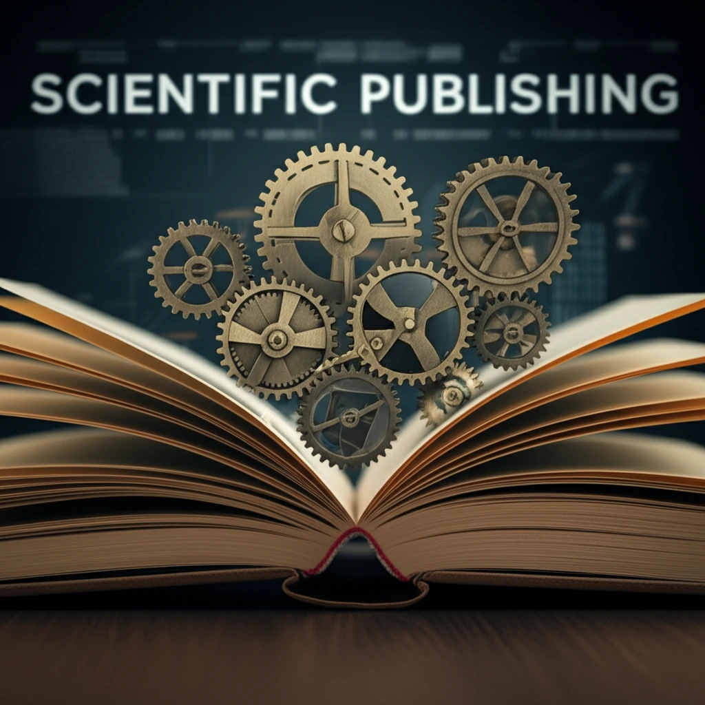 Surreal digital illustration of an open book with gears and a scientific journal cover, symbolizing scientific publishing