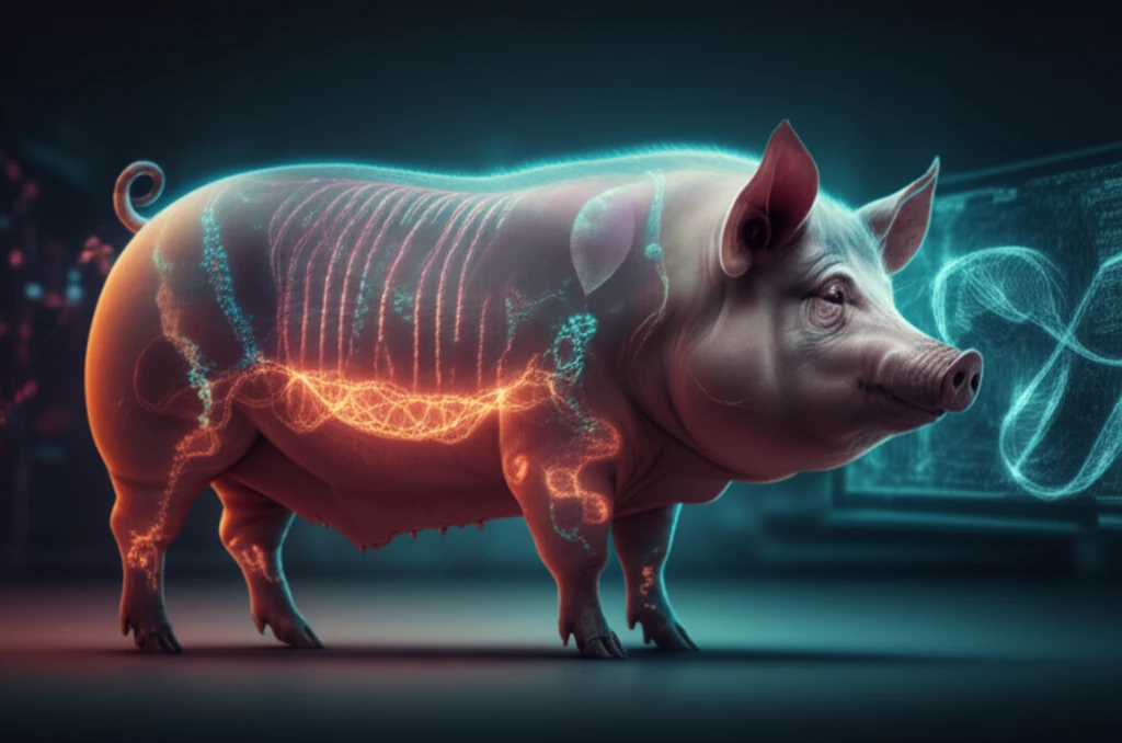 Digital illustration of a pig with visible genes, representing obesity and fat metabolism research in a lab setting.