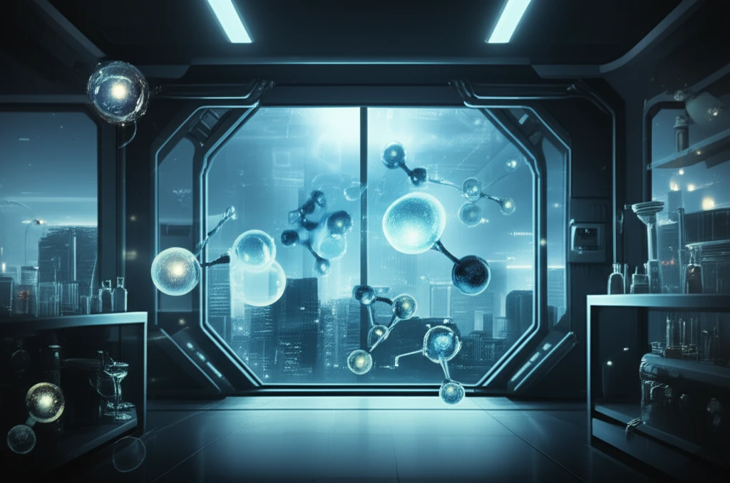 Surreal digital illustration of a laboratory with glowing molecules and a futuristic cityscape, symbolizing the future of health.