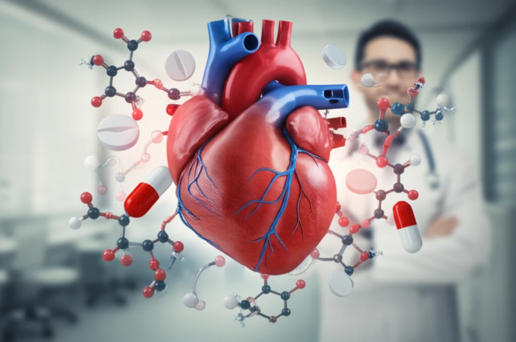 Illustration of a heart intertwined with glucose molecules and medication, symbolizing a dual approach to diabetes treatment and heart health.
