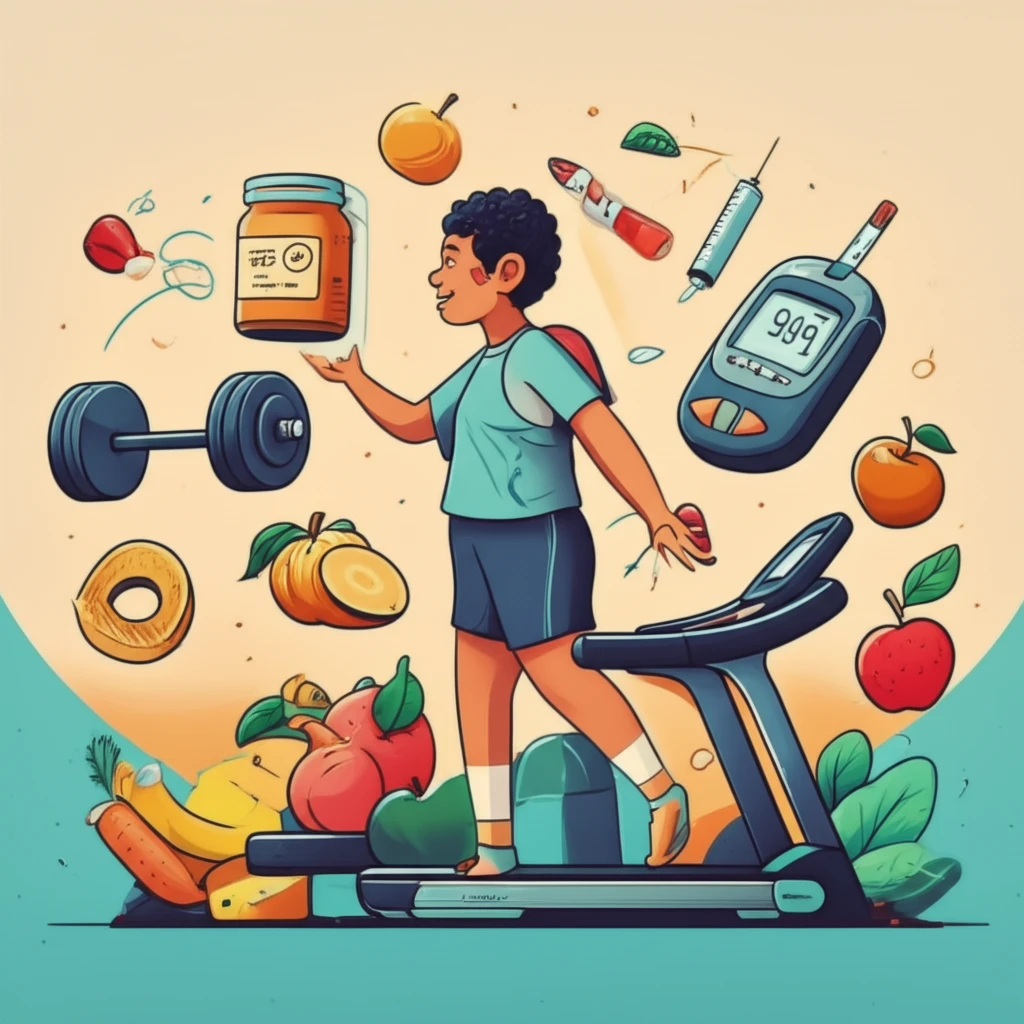 Illustration of a person with diabetes interacting with elements of healthy eating, exercise, and medication, symbolizing control and well-being.