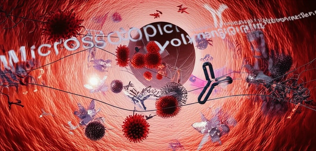 Illustration of immune system activity, with microscopic blood vessels and antibodies.