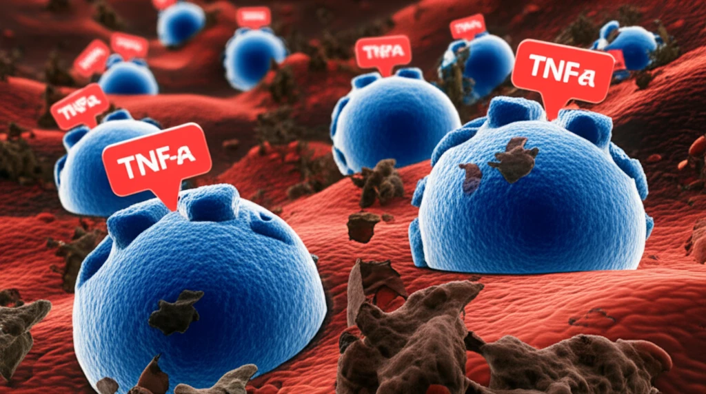 Illustration depicting the TNF-α-TNFR pathway in lung cells affected by coal dust, highlighting the role of TNF-α and TNFR in alveolar macrophages.