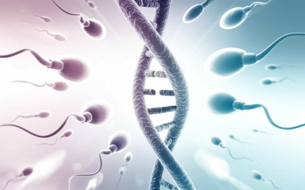 Illustration representing male infertility research, showcasing DNA and sperm cells.