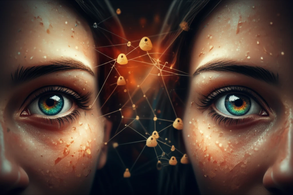 Illustration depicting two figures in social interaction, their eyes mirroring pupil dilation, against a backdrop suggesting social connections.