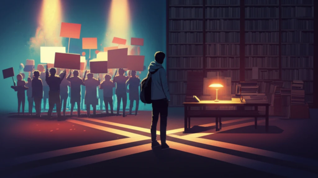 Illustration of an early career researcher at a crossroads, symbolizing the pressures and choices in public health research.