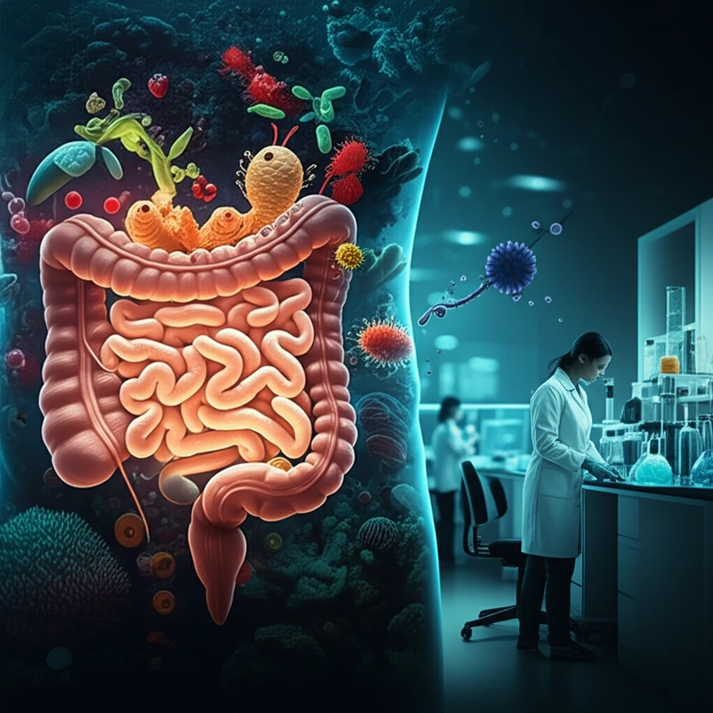 Digital illustration of diverse microbes, a coral reef scene, and scientists working in a lab, symbolizing the power of microbiology.