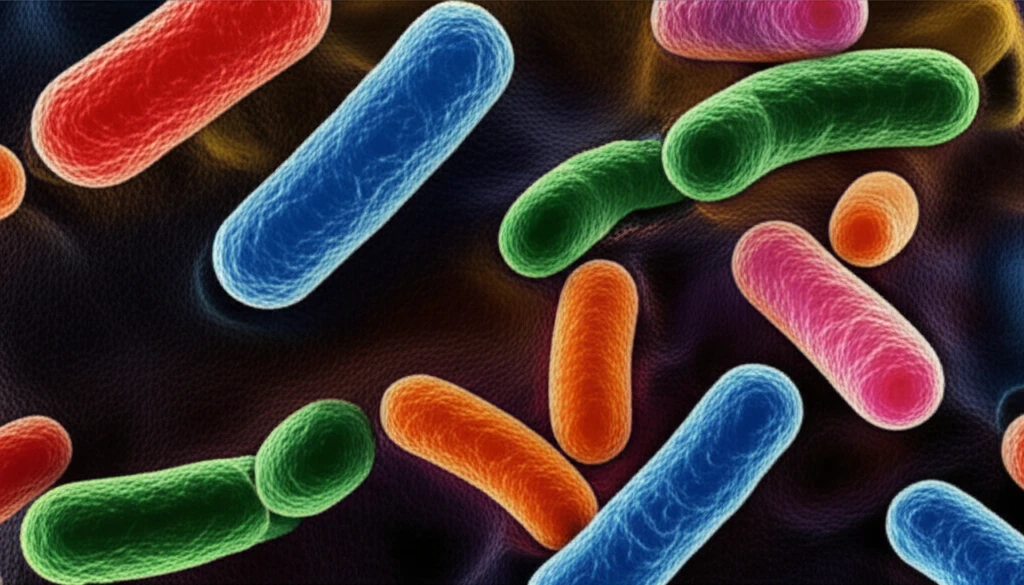 Illustration depicting bacterial phase variation, with different forms of bacteria morphing and adapting to their environment, symbolizing survival and adaptability.
