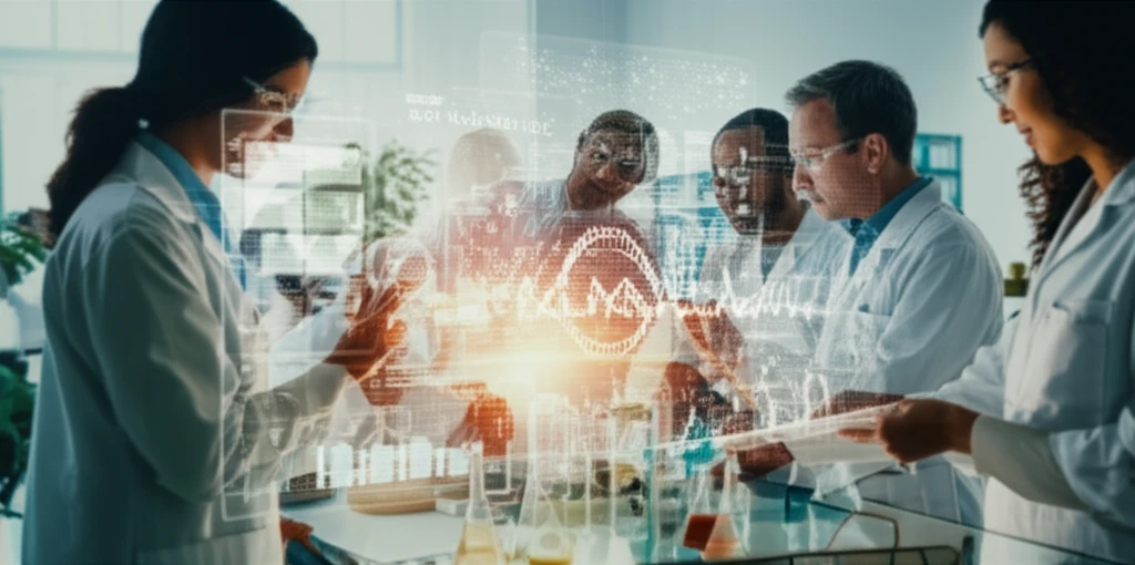 Illustration of diverse community members and researchers collaborating on holographic research data.