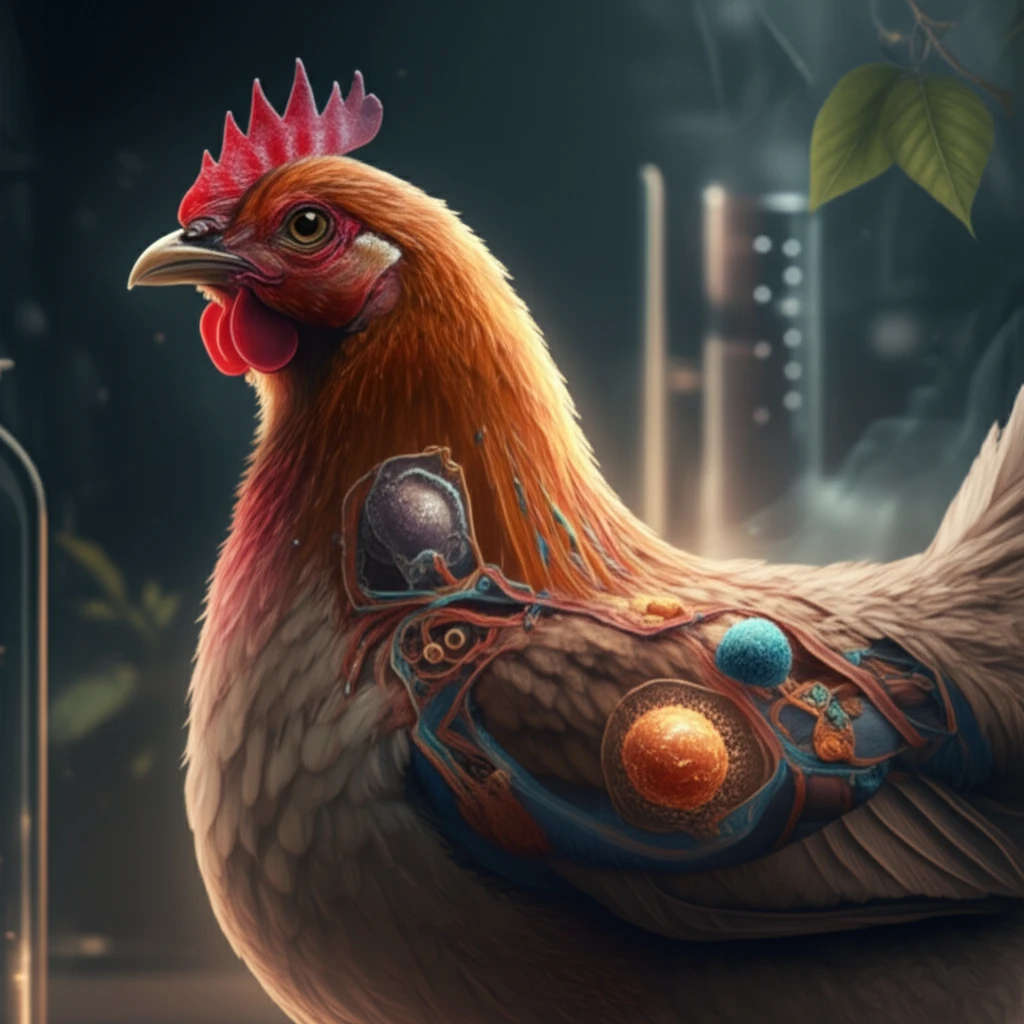 Digital illustration of a chicken's immune system, with cells, pathways, and the TLR3 mechanism highlighted.