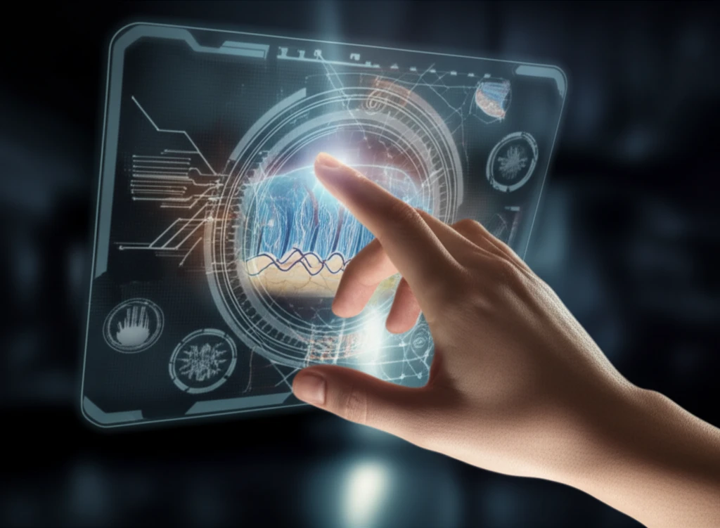 A digital illustration showing a hand interacting with a digital interface, highlighting the Pacinian corpuscles.