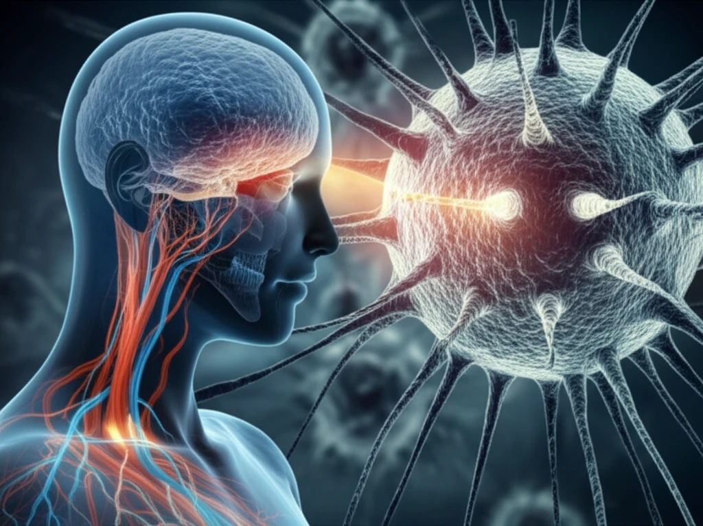 Illustration of head and neck cancer treatment with radiation and targeted therapy.