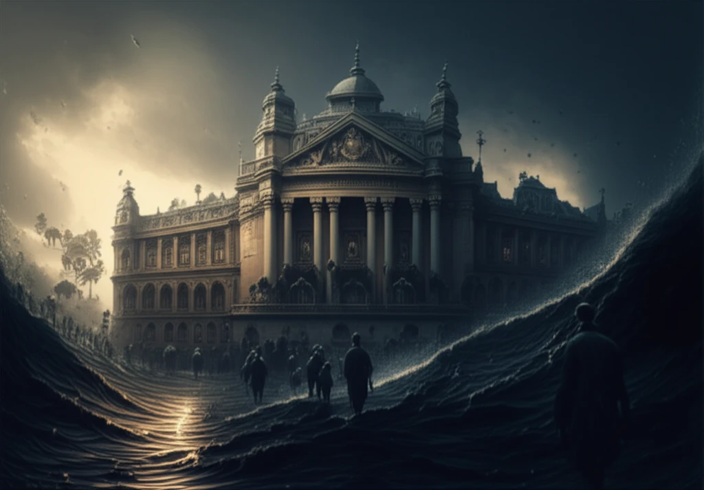 Surreal digital illustration depicting a university under threat from a rising tide, symbolizing the erosion of academic freedom.
