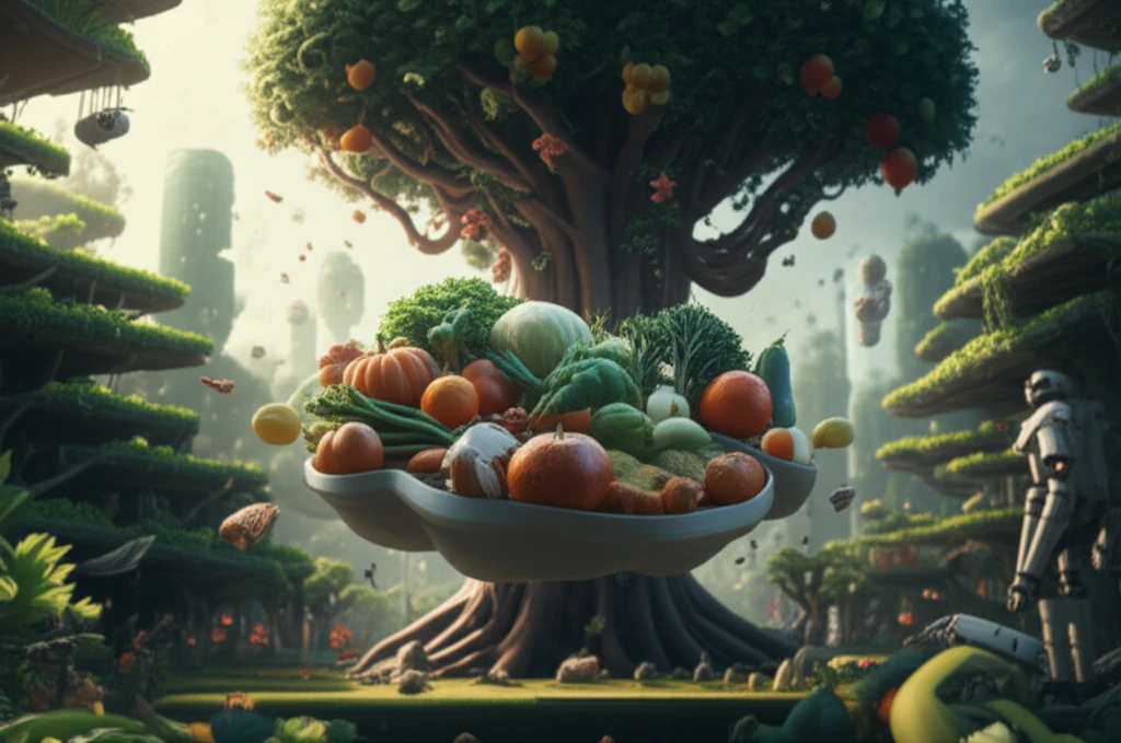Illustration of a futuristic cityscape with 3D-printed food and plant based alternatives, promoting healthy eating and sustainability.