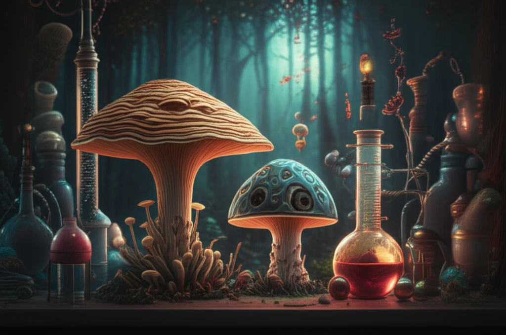 Illustration of two fungi working in a lab, symbolizing enzyme co-production.