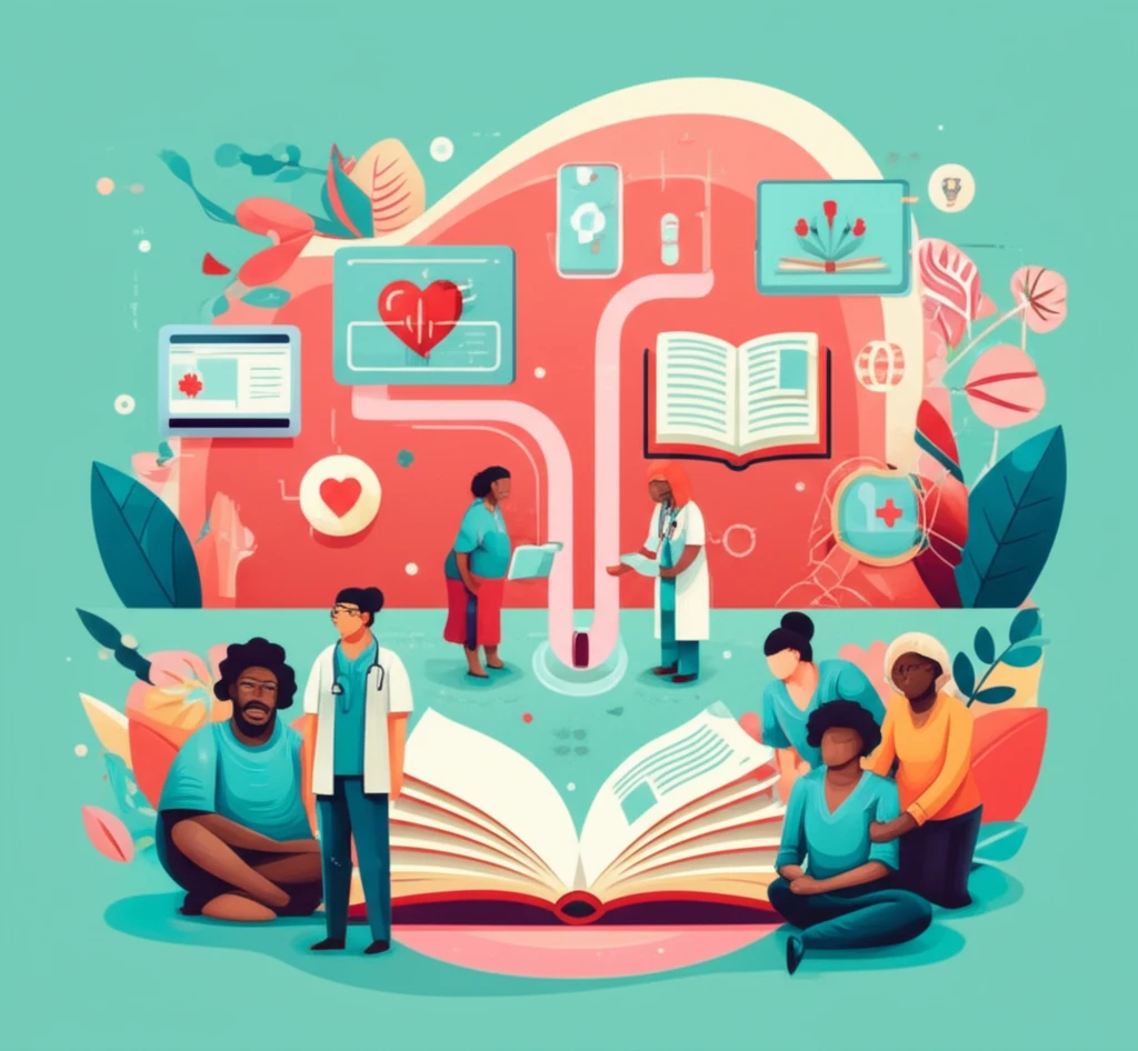 Digital illustration depicting a primary care setting offering support and treatment to people with sickle cell anemia.