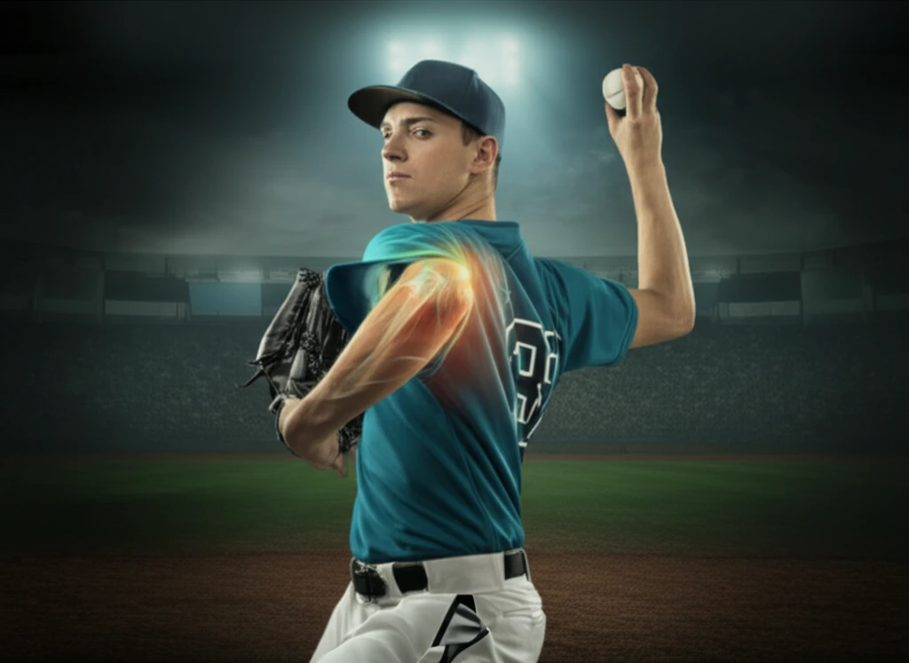 Surreal digital illustration of a baseball pitcher highlighting shoulder and arm movements.