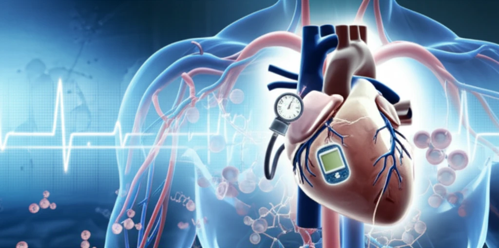 Digital illustration of a heart with high blood pressure and diabetes elements.