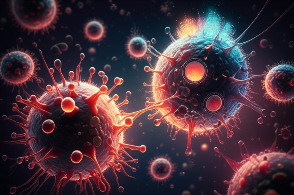 Illustration of an oncolytic virus attacking cancer cells, symbolizing a breakthrough in cancer treatment.