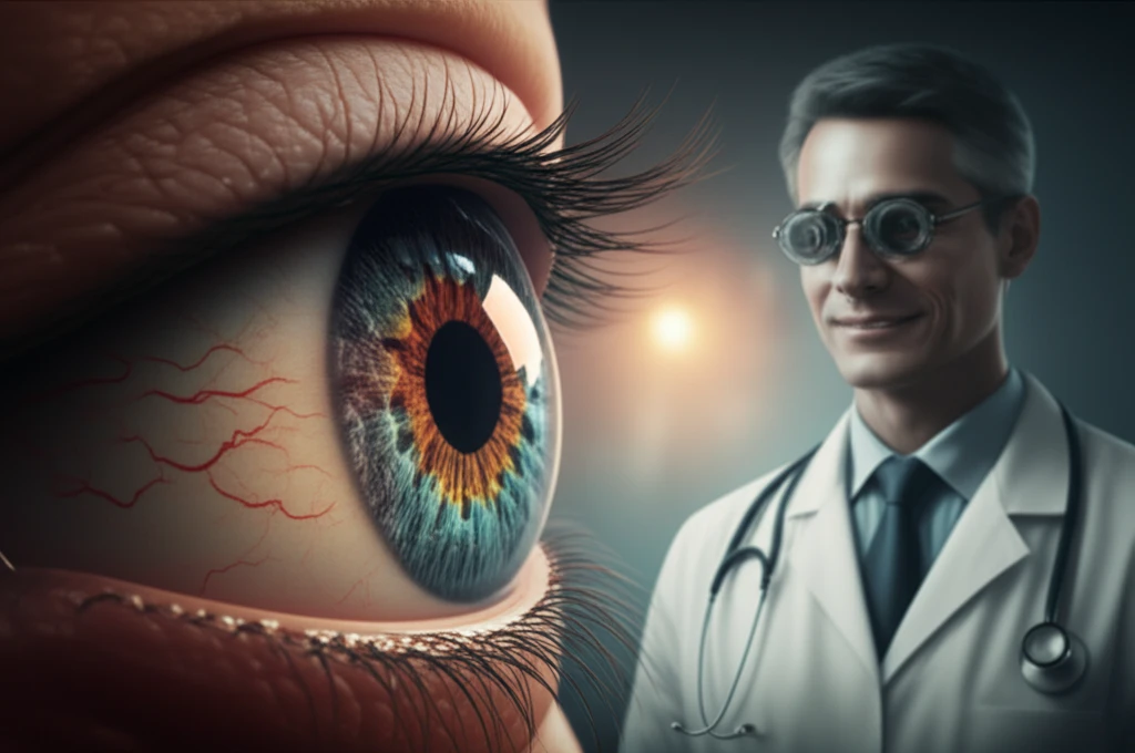 Illustration of a healthy eye with clear blood vessels, and a doctor in the background