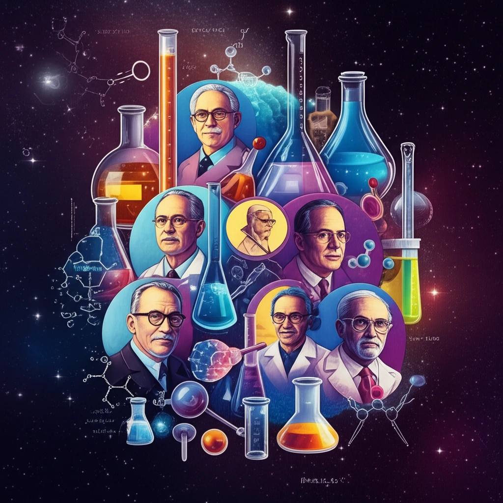 Illustration of scientific pioneers and their contributions.